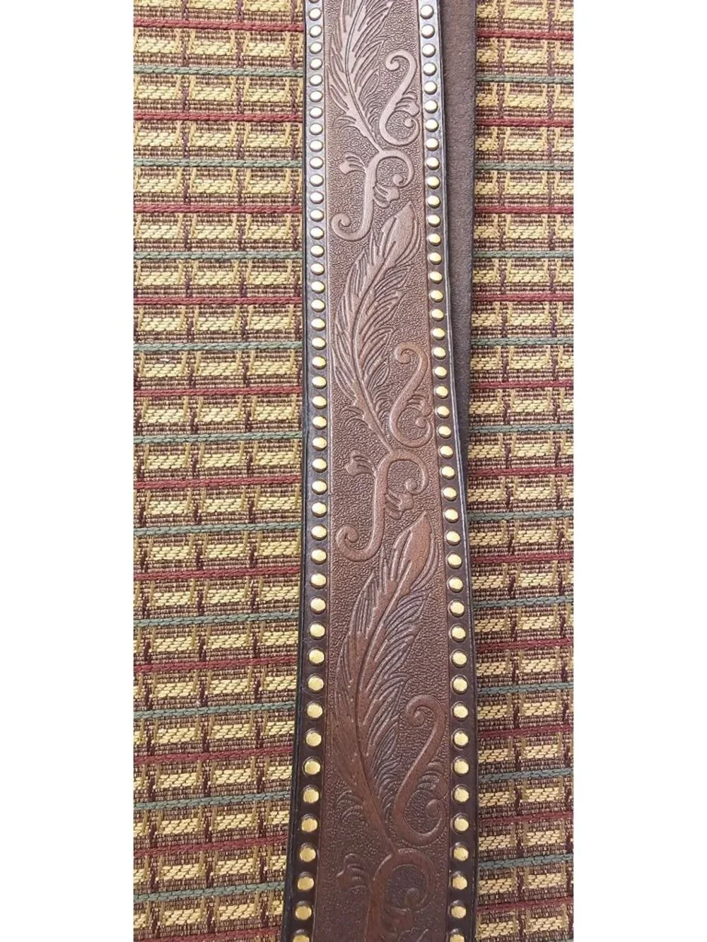 Vintage Western Leather Belt With Ornate Brass Buckle And Tooled Floral Design -